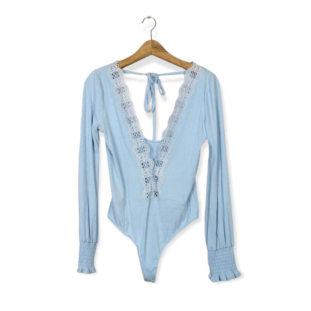 Willow & Clay Light Blue Lace V-Neck Long Sleeve Bodysuit